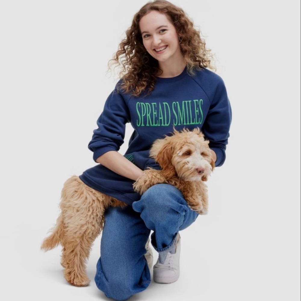 Cuddle Collab Spread Smiles Navy Blue Crewneck Sweatshirt Green Embroidery NWT